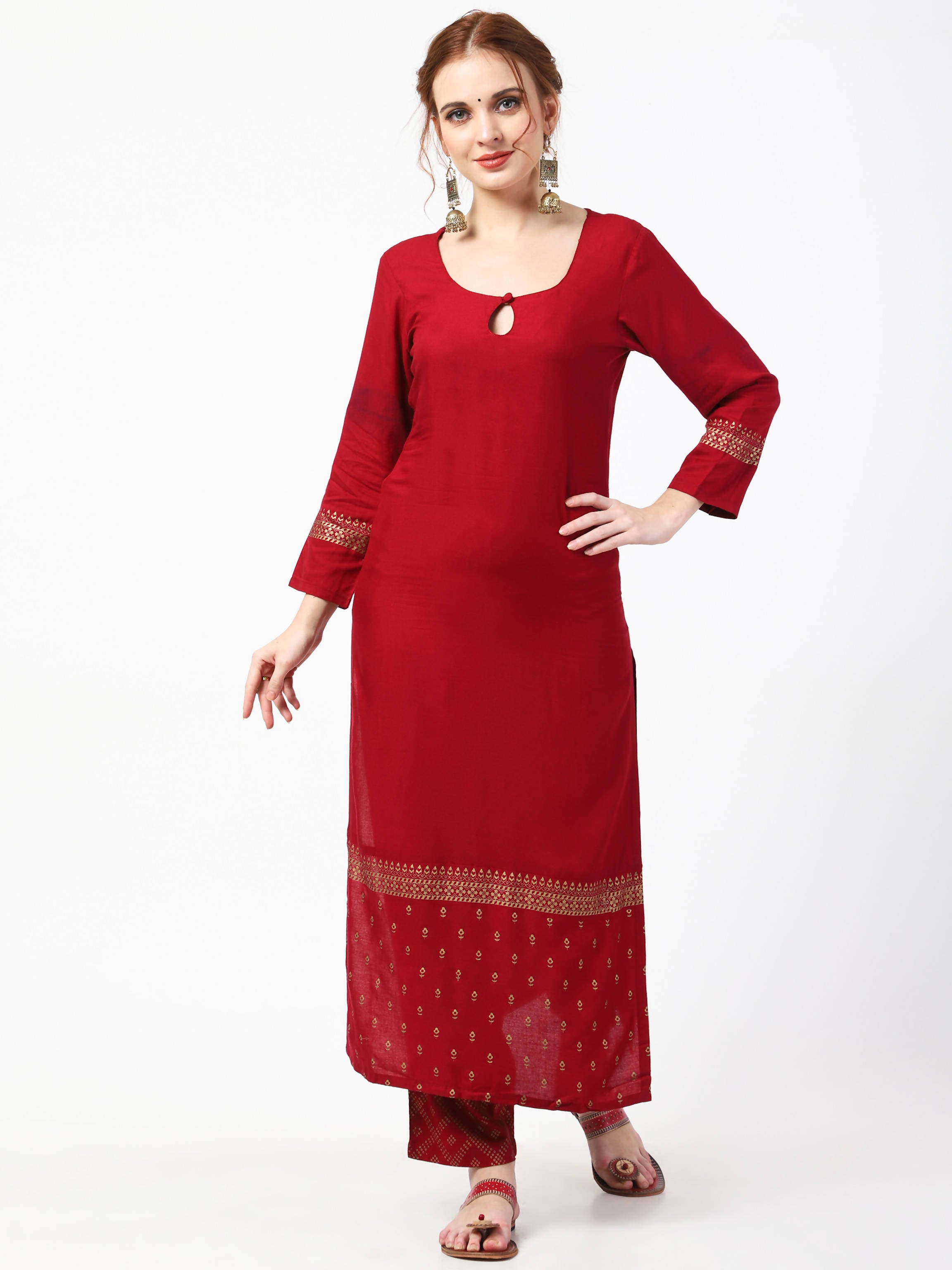 Cheera Gold Printed Maroon Kurta & Palazzo (CH-86KP) - Distacart