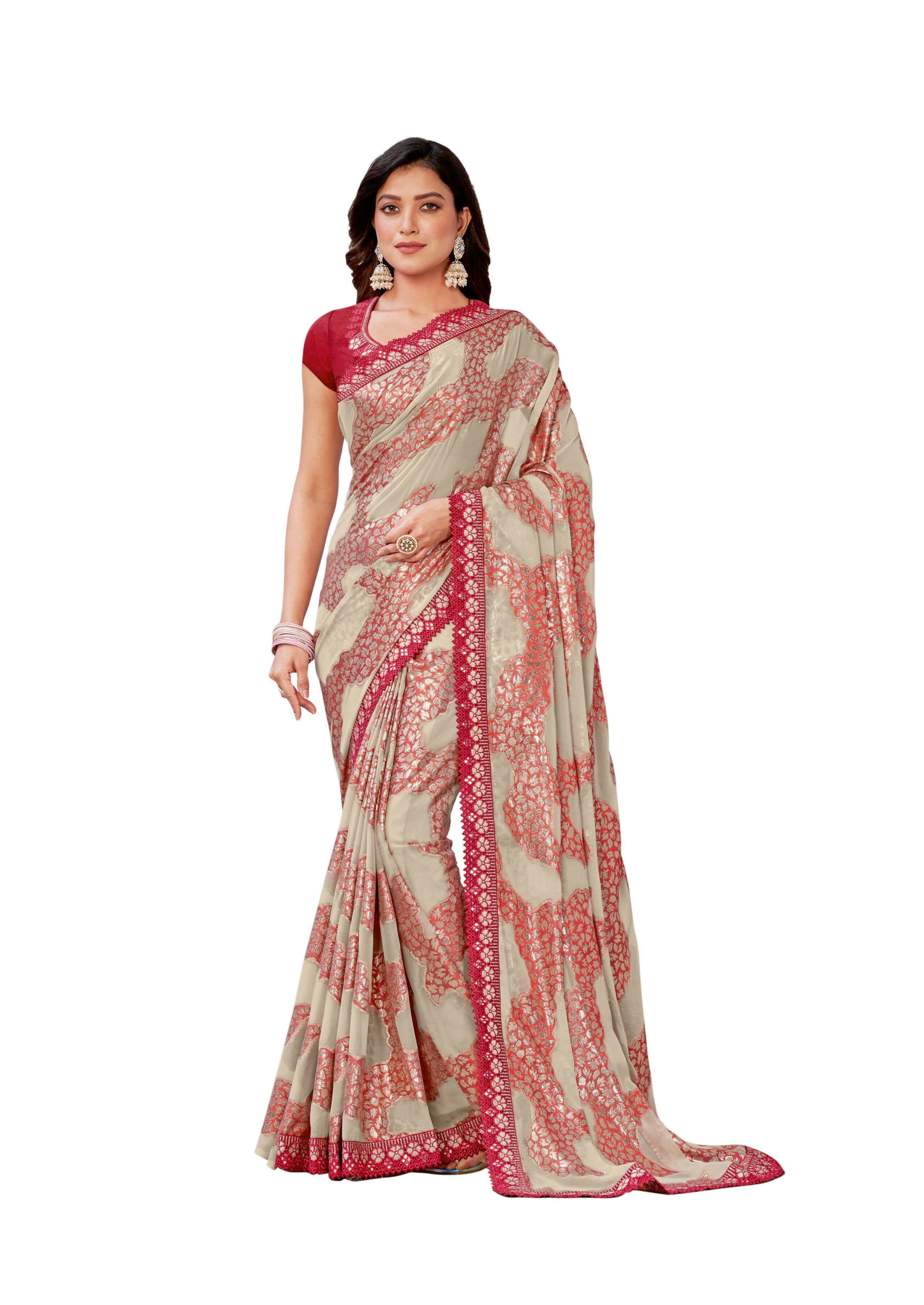 Red Georgette Zari Jacquard Embroidered Border With Mirror Work Saree With Unstitched Blouse Piece - Norita Zaina - Distacart