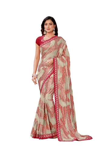 Red Georgette Zari Jacquard Embroidered Border With Mirror Work Saree With Unstitched Blouse Piece - Norita Zaina - Distacart