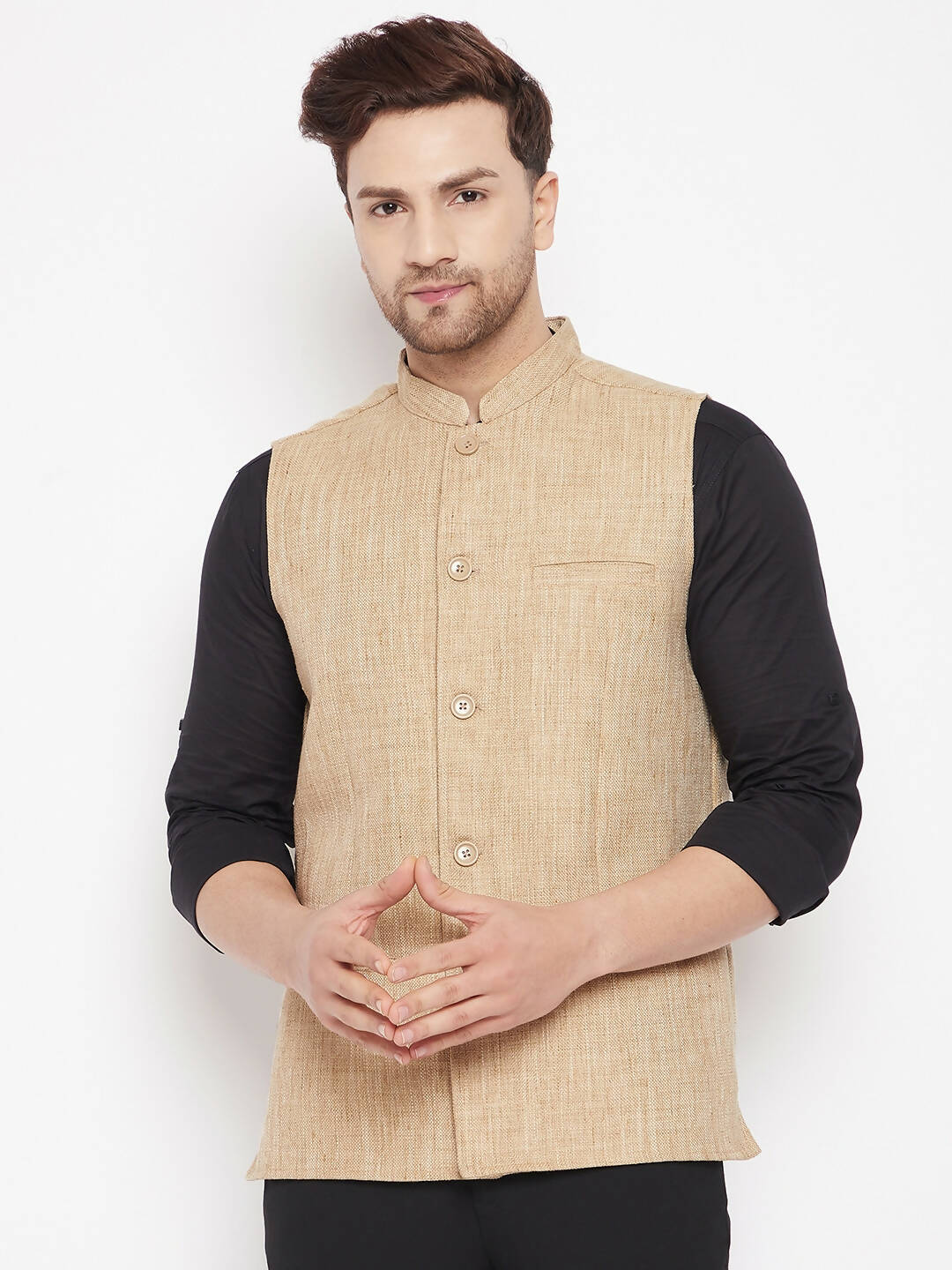 Even Apparels Beige Linen Men Woven Nehru Jacket LN719 - Distacart