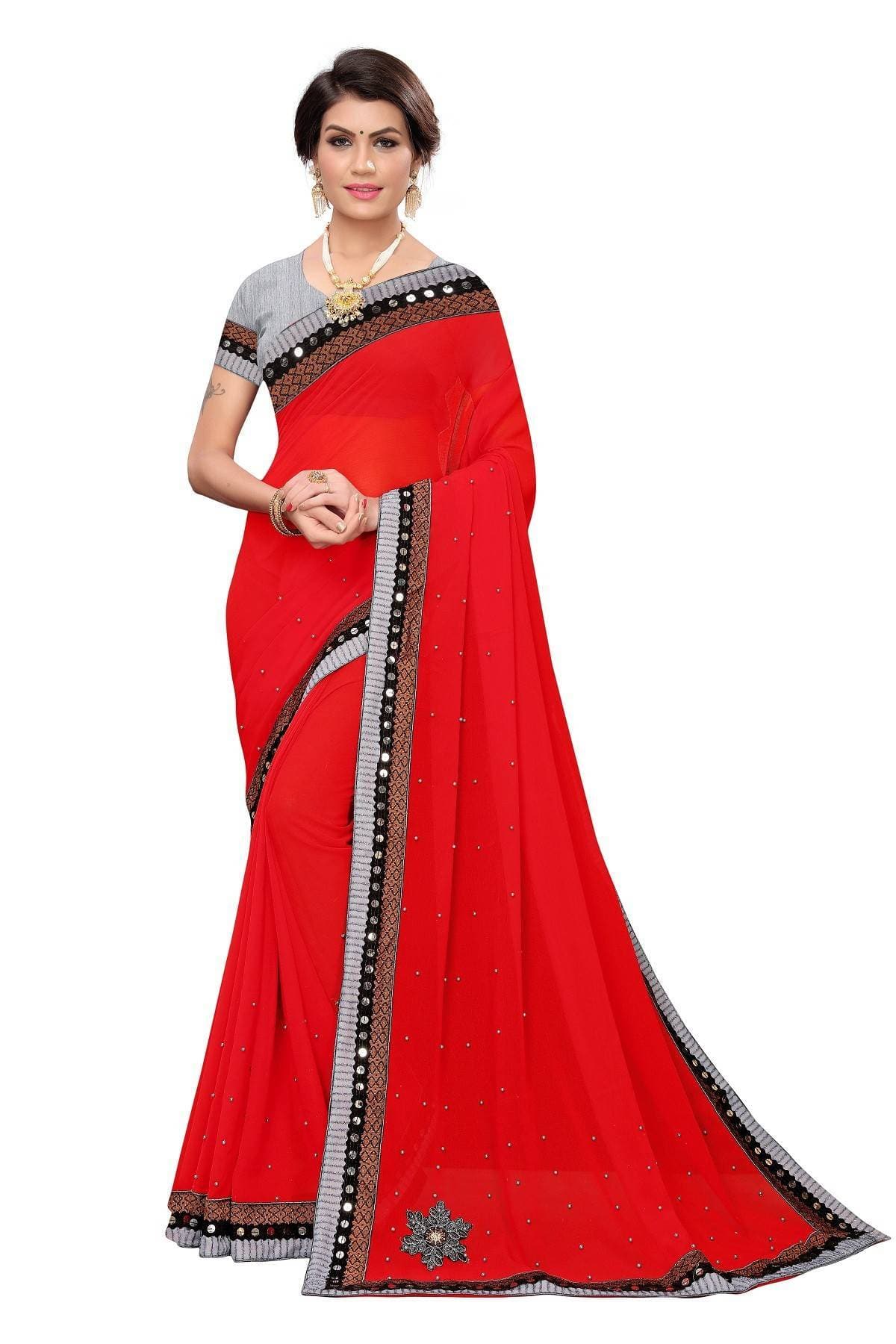 Vamika Red Chiffon Mirror Work Saree