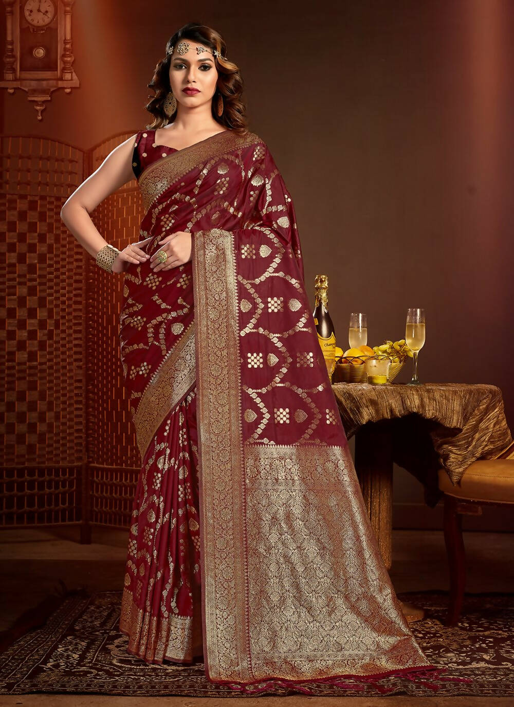 Maroon Silk Ethnic Motif Woven Design Saree with Unstitched Blouse Piece - Aachal - Distacart