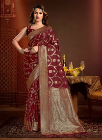 Thumbnail for Maroon Silk Ethnic Motif Woven Design Saree with Unstitched Blouse Piece - Aachal - Distacart
