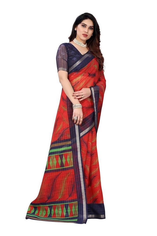 Vamika Red Linen Zari Border Printed Saree