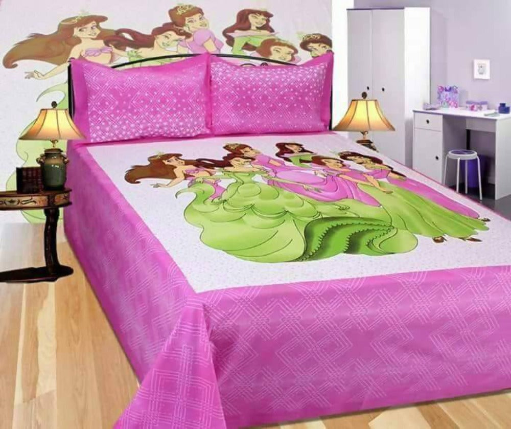 Vamika Printed Cotton Cindrella Design Pink Bedsheet With Pillow Covers