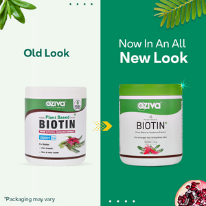 OZiva Plant Based Biotin: (10,000+ mcg) Old look vs new look
