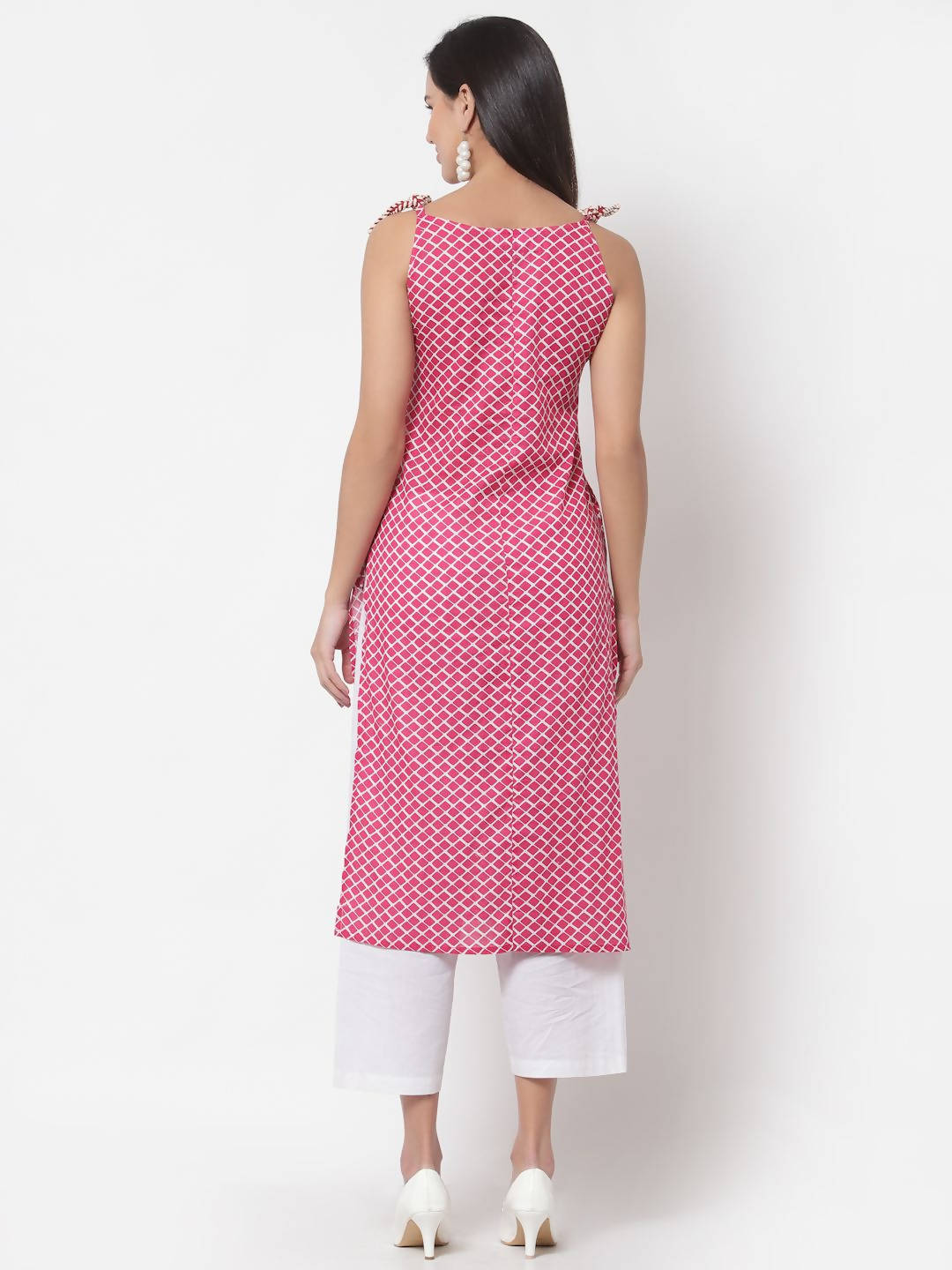 Myshka Women's Pink Printed Sleeveless Cotton Round Neck Dress