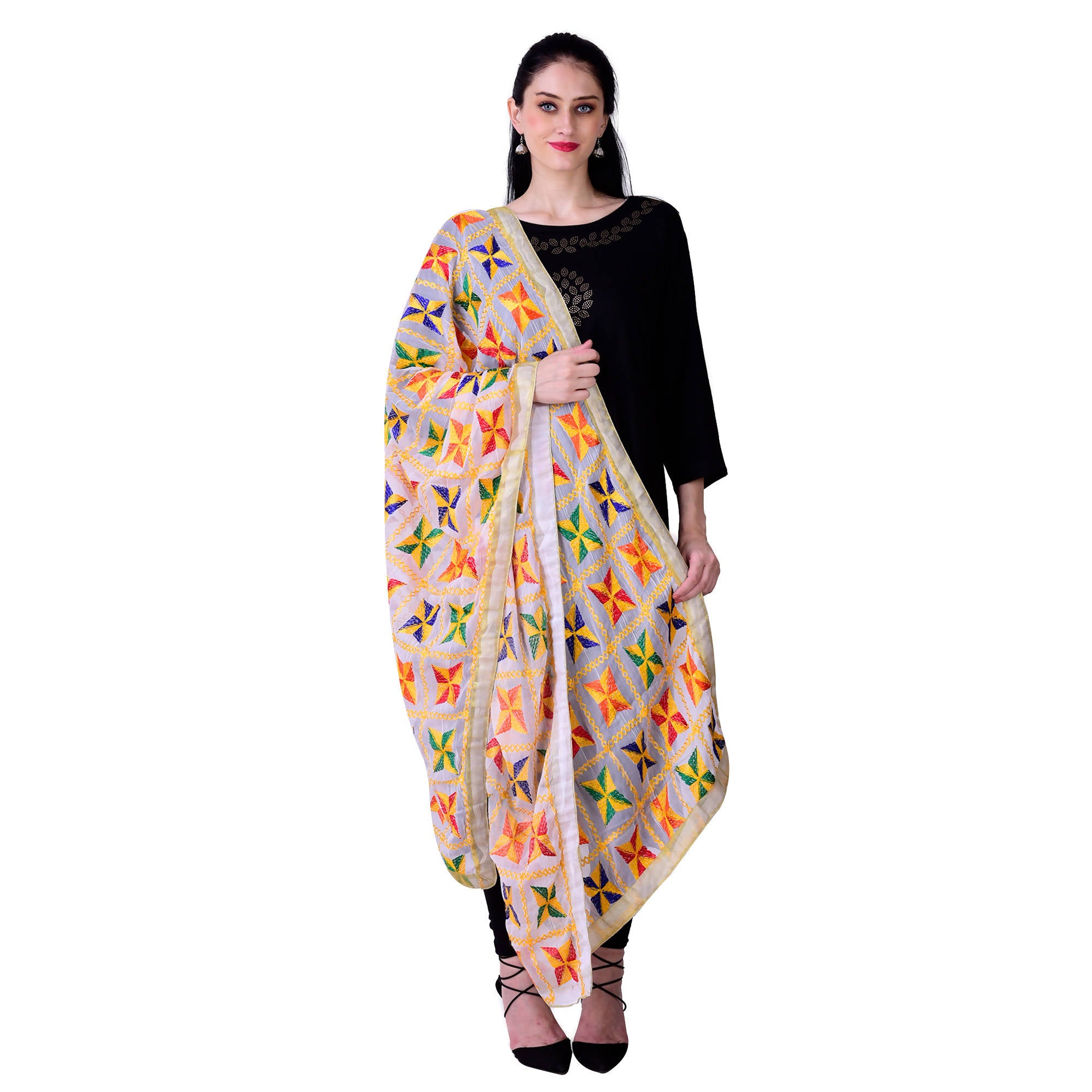 SWI Stylish Women's Embroidered Phulkari Chiffon White Dupatta