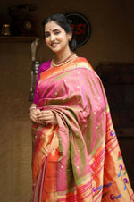 Thumbnail for Very Much Indian Handloom Silk Muniya Border Paithani Dual Tone Beautiful Pink Green - Distacart