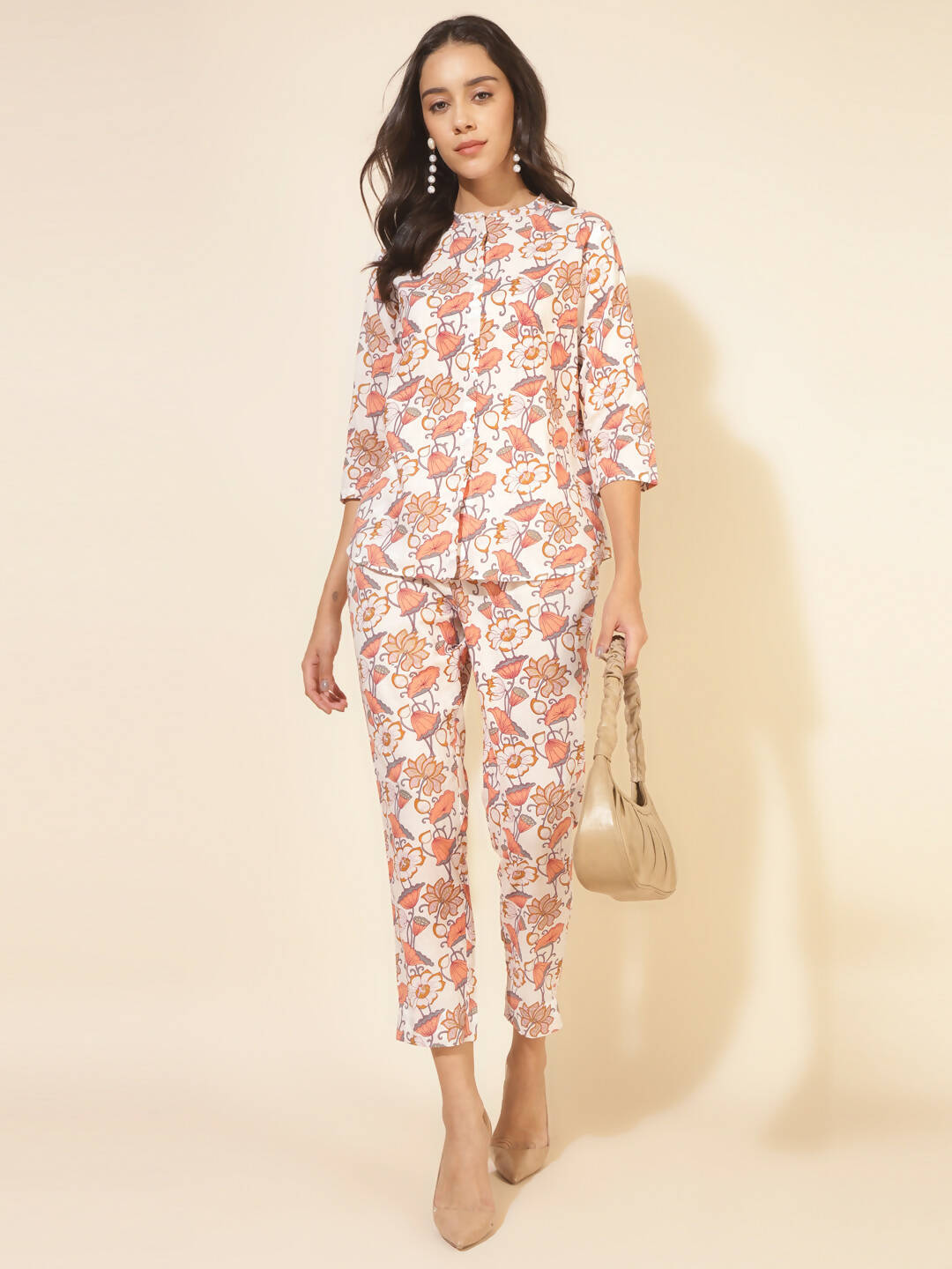 Janasya Women's White Cotton Floral Printed Casual A-Line Co-ords - Distacart