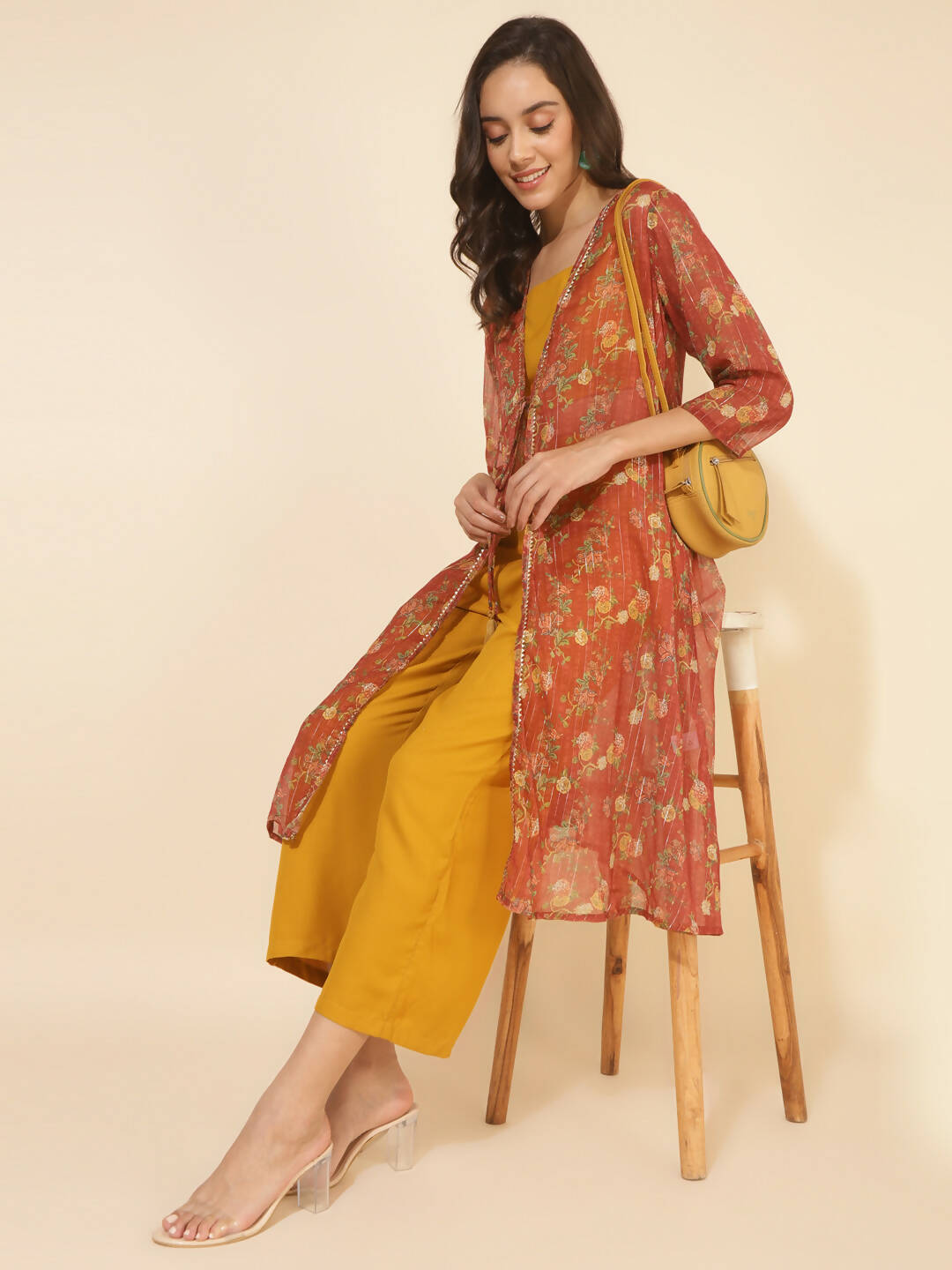 Janasya Women's Mustard Moss Solid Festive Crop Top Set - Distacart