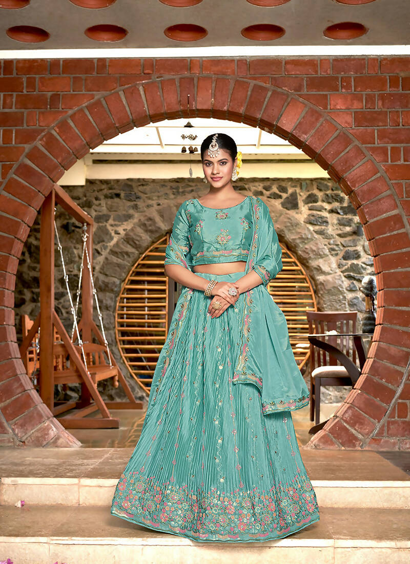 Sky Blue Chinon Crushed Sequence and Thread Embroidery Work Lehenga Choli with Dupatta - Viharini - Distacart