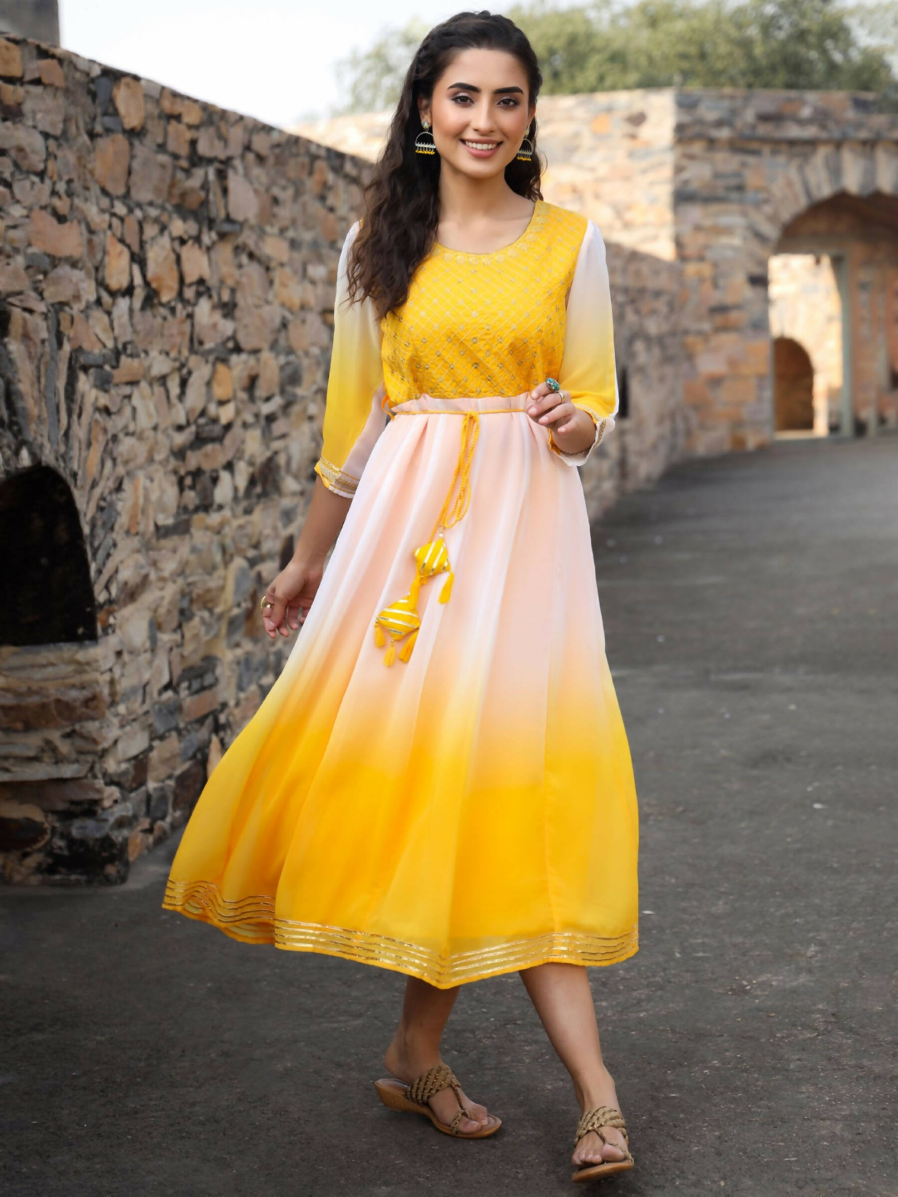 Juniper Women Yellow Georgette Embroidered Maxi Dress - Distacart