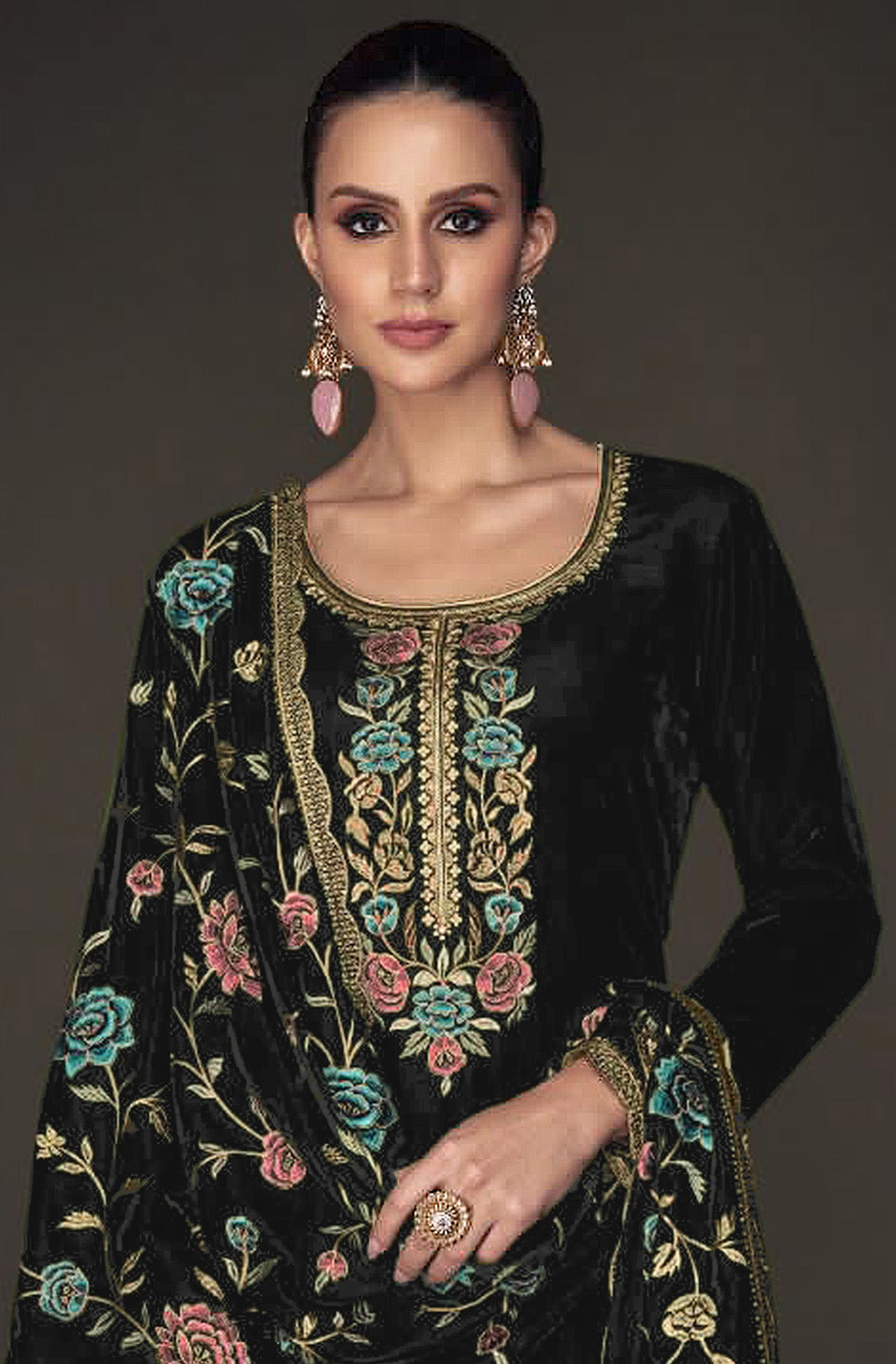 Lorenvalley Fashion Women Black Velvet Embroidered Salwar Suit Material - Distacart