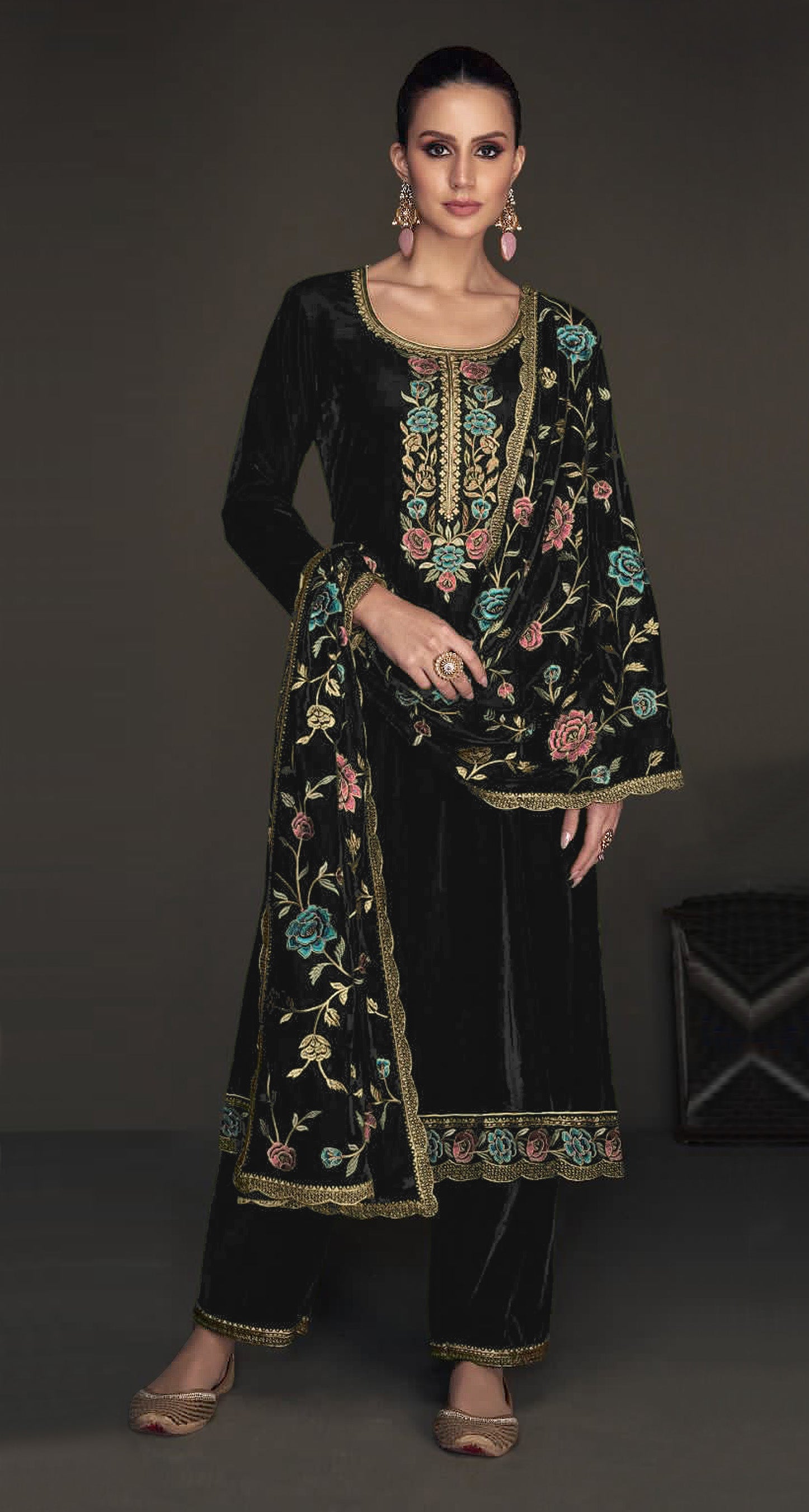 Lorenvalley Fashion Women Black Velvet Embroidered Salwar Suit Material - Distacart