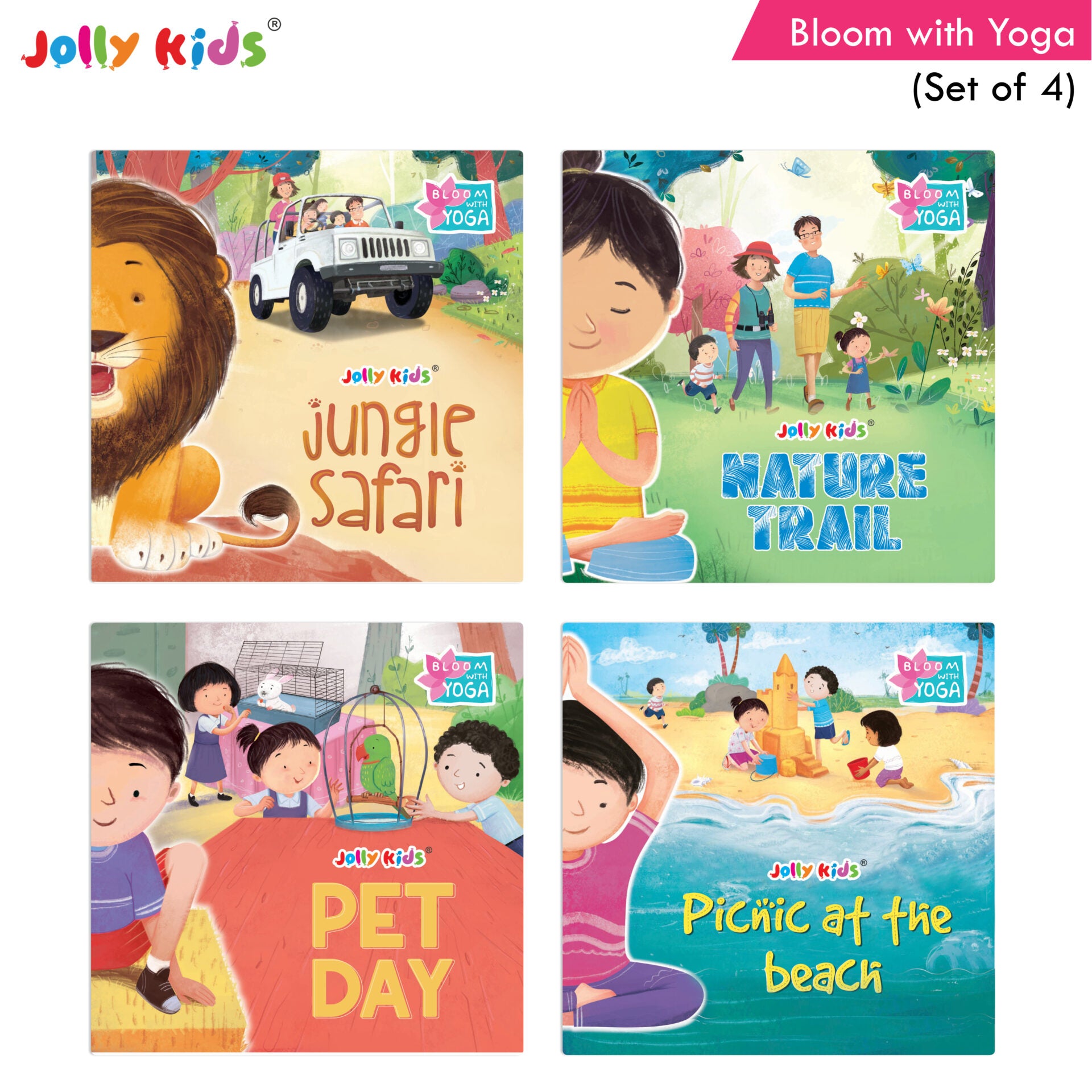 Jolly Kids Bloom With Yoga Books For Kids| Set of 4| Ages 3 - 7 Year| Yoga in Different Places Like Jungle, Beach, Schools, Gardens etc. - Distacart