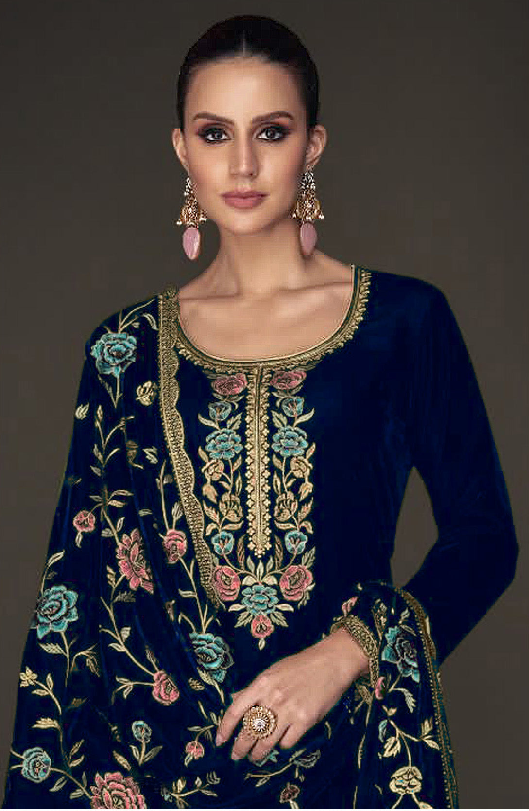 Lorenvalley Fashion Women Blue Velvet Embroidered Salwar Suit Material - Distacart