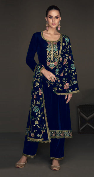 Lorenvalley Fashion Women Blue Velvet Embroidered Salwar Suit Material - Distacart
