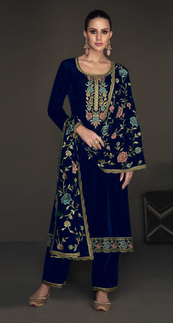 Lorenvalley Fashion Women Blue Velvet Embroidered Salwar Suit Material - Distacart