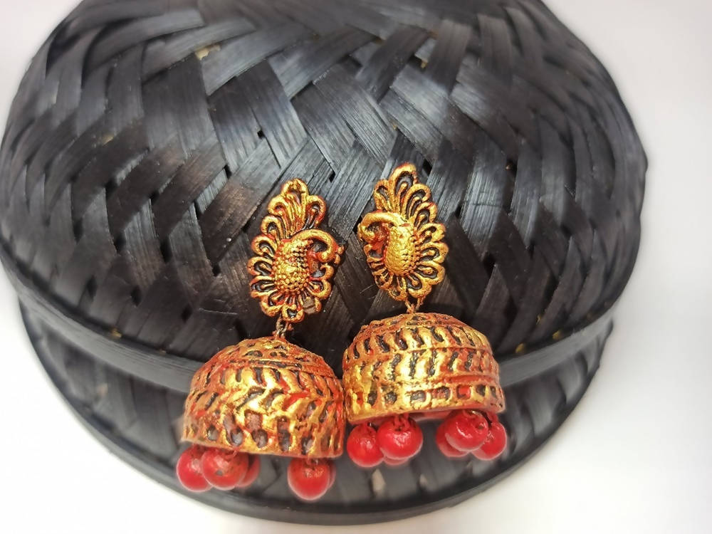 Terracotta Peacock Stud Ethnic Jhumkas-Gold Red