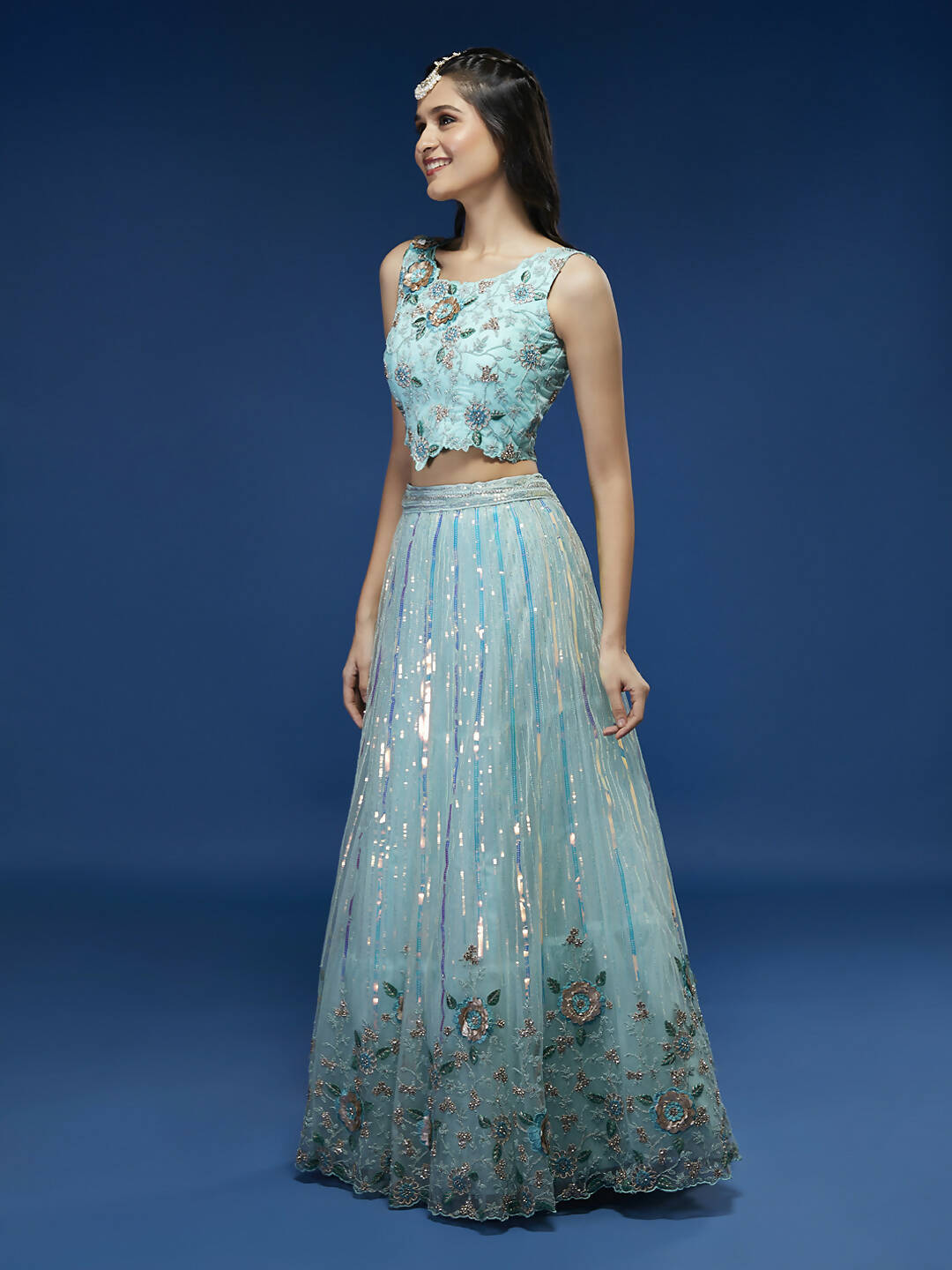 House of Panchhi Turquoise Blue Net Sequinse Work Lehenga & Blouse, Dupatta - Distacart