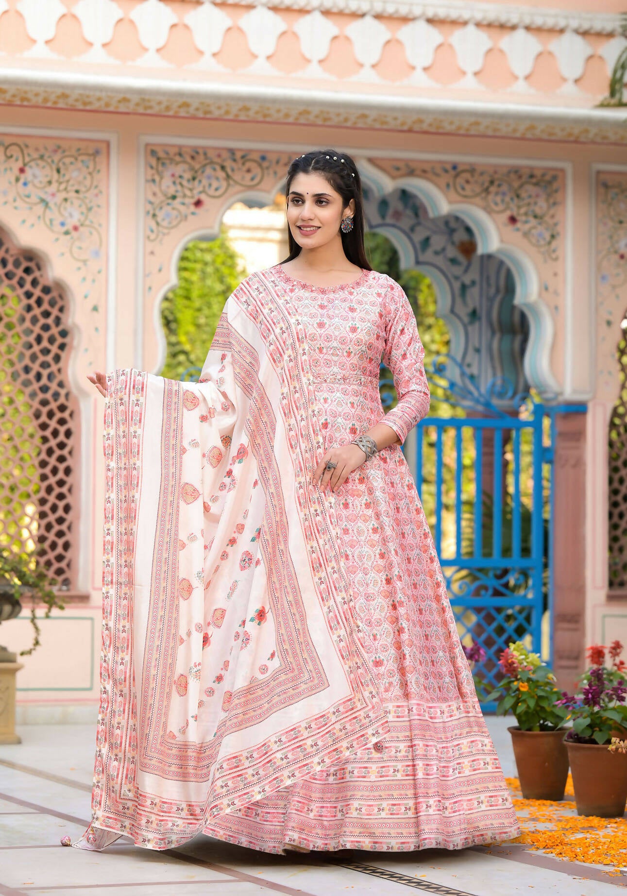 Functional Designer Off White-Light Pink Dola Silk Anarkali suit with Dupatta - Ramya - Distacart