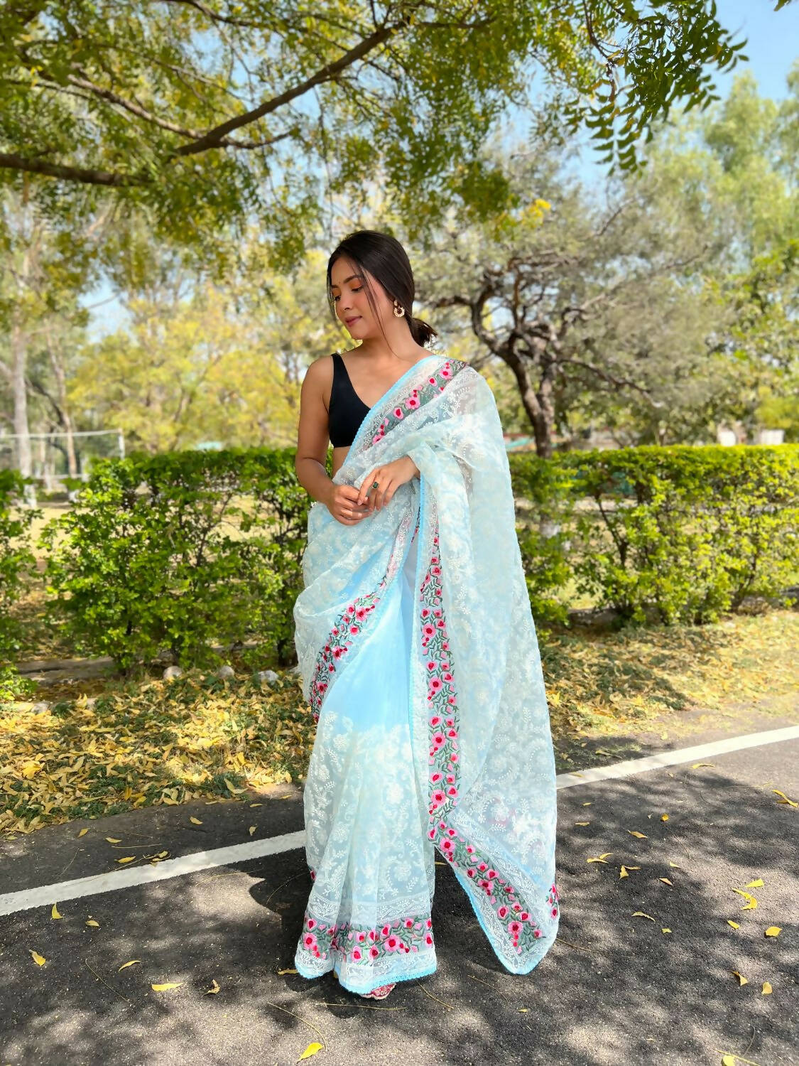 Vamsee Sky Blue Organza Saree - Distacart