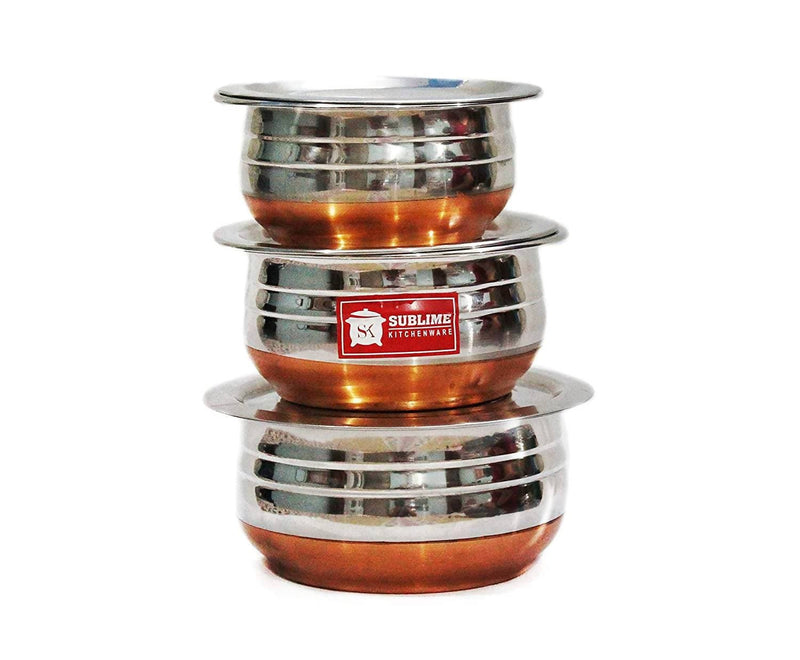 Sublime Kitchenware Set of 3 Stainless Steel Copper Bottom Handi with Lid