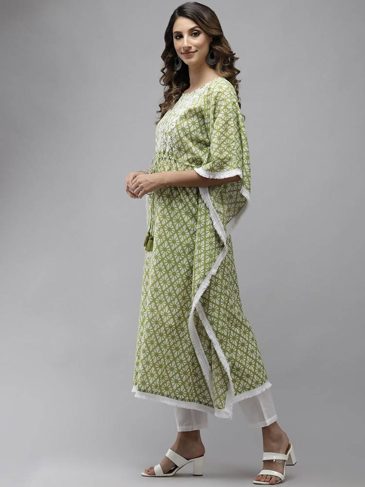Yufta Women Lime Green Printed Kaftan Kurta