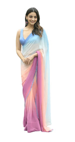 Thumbnail for Vamika Georgette Lace Work Pink,Sky Blue & Orange Bollywood Style Saree - Distacart
