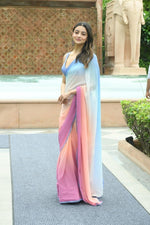 Thumbnail for Vamika Georgette Lace Work Pink,Sky Blue & Orange Bollywood Style Saree - Distacart