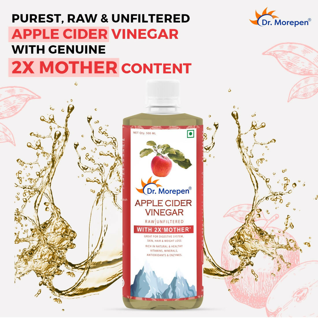 Dr. Morepen Apple Cider Vinegar With 2x Mother for Weight Management, Immunity, Skin & Hair - Distacart