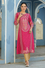Thumbnail for Juniper Women's Fuchsia Rayon Staple Placement Printed A-Line Kurta - Distacart