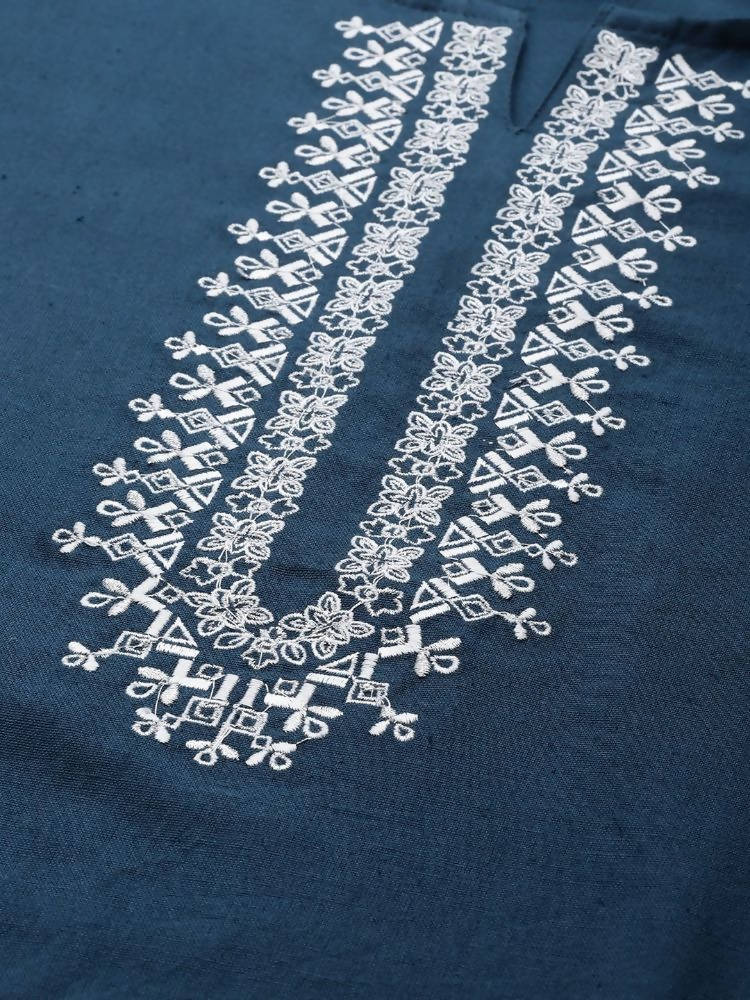 YuftaWomen Navy Blue & White Yoke Design Thread Work Cotton Kurta with Palazzo & Dupatta