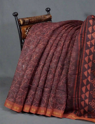 Light Coffee Brown Coloured Discharge Print Semi Chanderi Saree By Gayathri Reddy Designer Studio - Distacart