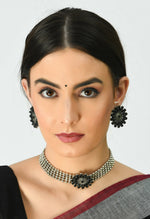 Thumbnail for Mominos Fashion Johar Kamal Oxidised Silver-Plated Brass Finish Kundan Choker For Women (Black) - Distacart