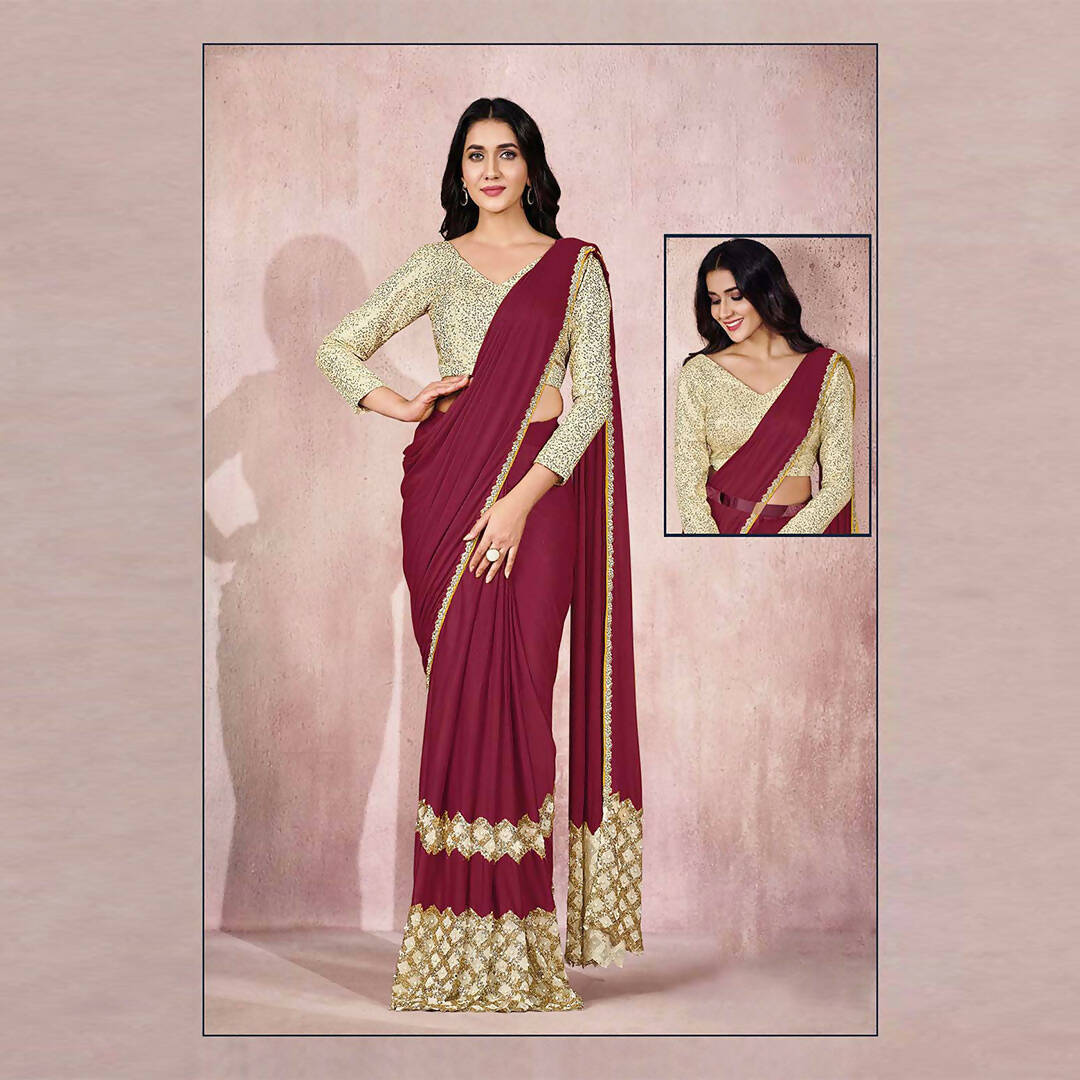 Maroon Lycra Embroidery Designer Saree With Blouse - Mohmanthan Sitaarah - Distacart