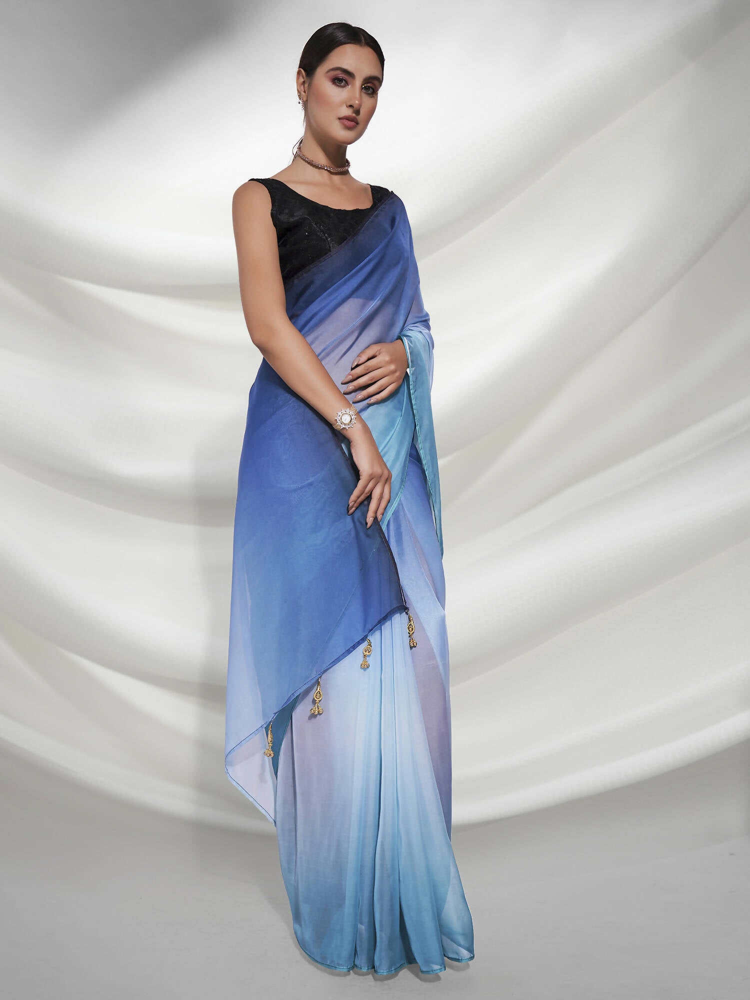 Blue Organza Solid Saree With Unstitched Blouse Piece - Shanaya - Distacart