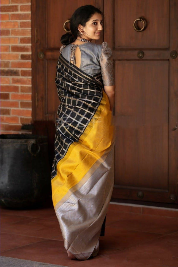DEIANA'S Beautiful Golden Jari with New Design Soft Lichi Silk Saree - Black - Distacart