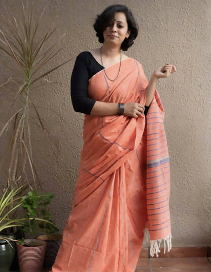 Exclusive Collection Khadi Cotton Handloom Khesh Saree With Blouse Piece - Light Orange - Distacart