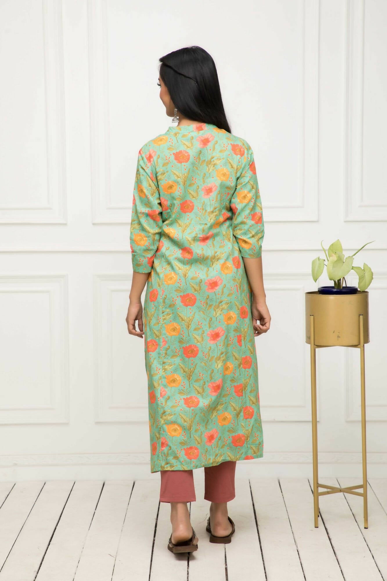 Myshka Women Green Floral Rayon A-Line Round Neck Kurtas - Distacart