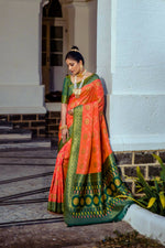 Thumbnail for Vishnu Weaves Women's Orange Patola Banarasi Silk Meenakari Zari Woven Saree with Blouse - Distacart