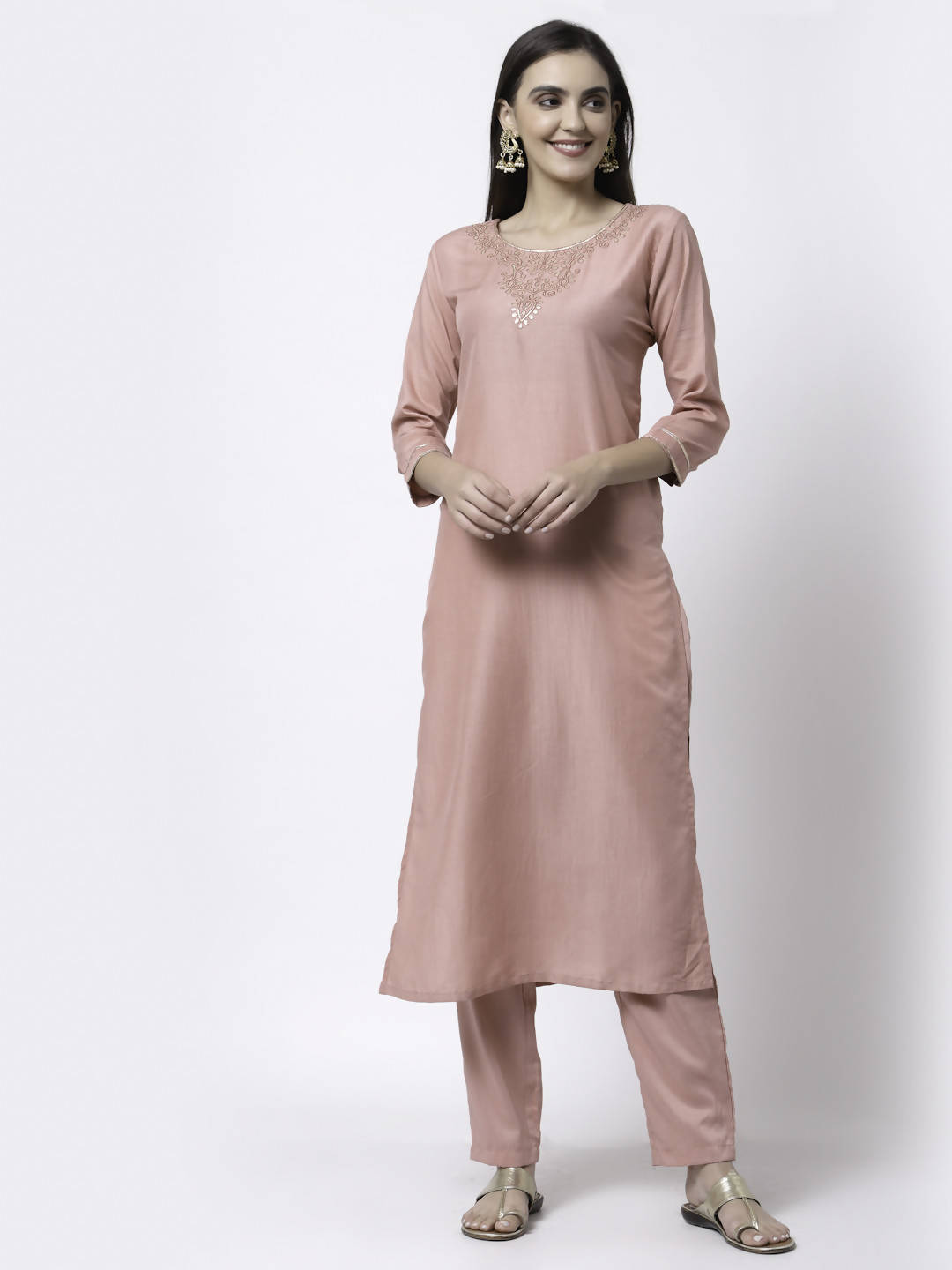 Myshka Women Peach Silk Blend Embroidered 3/4 Sleeve Round Neck Kurta Pant Dupatta Set