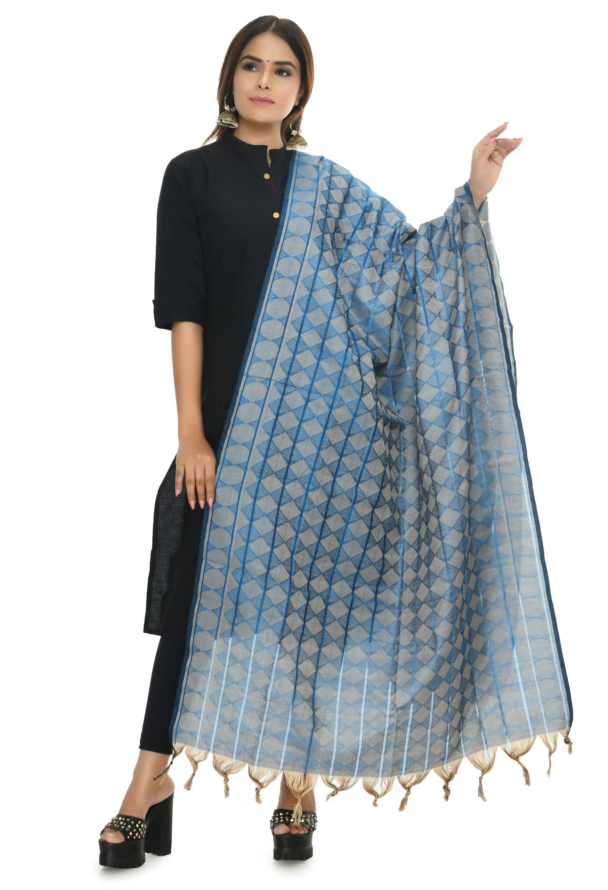 Mominos Fashion Moeza Handloom Cotton Blue Dupatta - Distacart