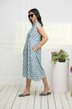 Thumbnail for Myshka Women Blue Ethnic Motifs Cotton A-Line Mandarin Collar Dress - Distacart