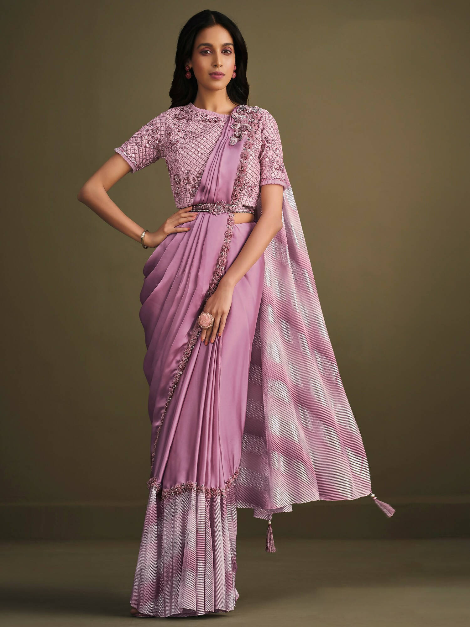 Light Purple Satin Silk Sequence Embroidered Saree With Stitched Blouse - Mohmanthan La Belle - Distacart
