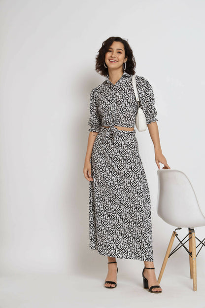 White Crepe Geometric Printed Top with Matching Skirt - Shivani - Distacart
