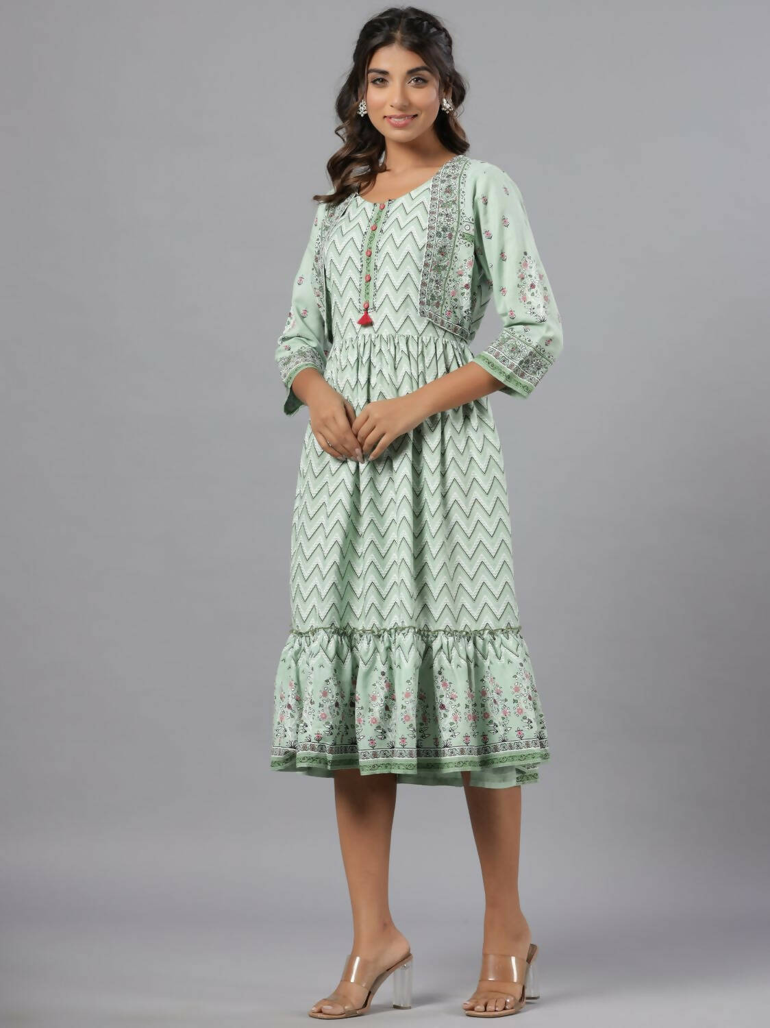 Juniper Women Sage Green Rayon Printed Jacket Style Midi Dress - Distacart