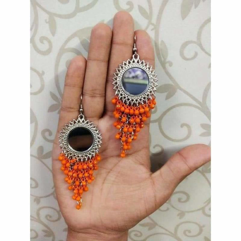 Orange Color Jhalar Long Drop Party Beads Sun Design Earrings