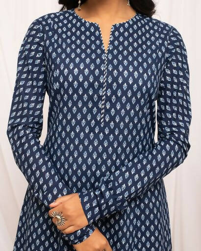 FIORRA Women's Floral Printed Navy Blue Cotton A-Line Kurta - Distacart